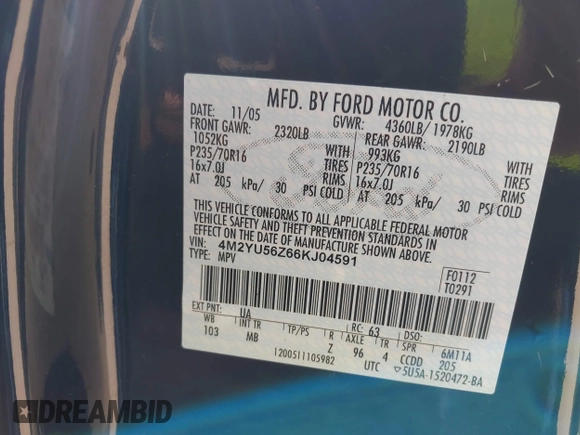 2006 Mercury Mariner Convenience with VIN 4M2YU56Z66KJ04591, listed as a IAAI auction lot 42469116 with 174,952 mi miles and . Bid and sale history available at DreamBid. Image 9.