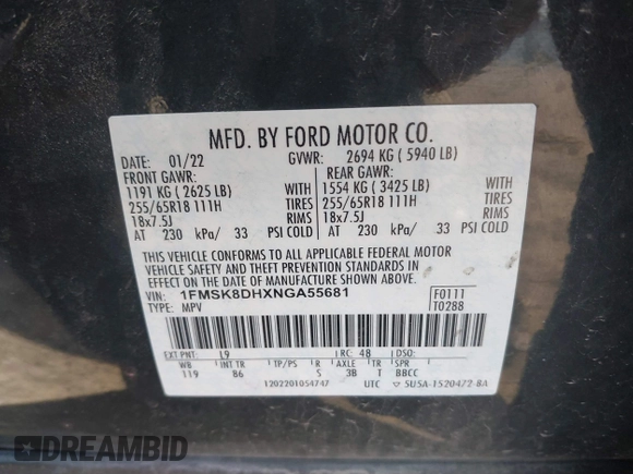 2022 Ford Explorer XLT with VIN 1FMSK8DHXNGA55681, listed as a IAAI auction lot 41833008 with 1 mi miles. Bid and sale history available at carsss.com. Image 9.