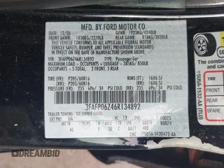 2006 Ford Fusion S with VIN 3FAFP06Z46R134892, listed as a IAAI auction lot 41505057 with 216,088 mi miles. Bid and sale history available at carsss.com. Image 9.
