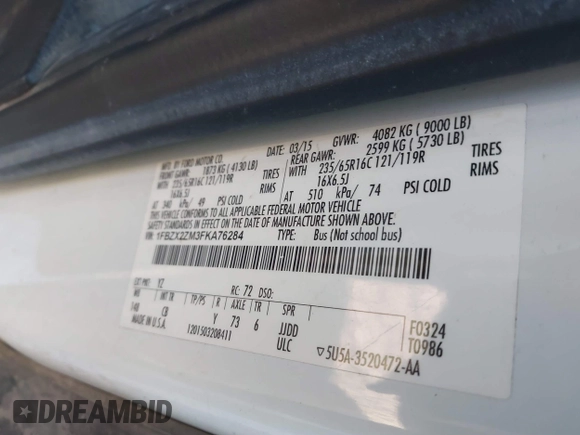 2015 Ford Transit XL with VIN 1FBZX2ZM3FKA76284, listed as a IAAI auction lot 41047457 with 191,400 mi miles and . Bid and sale history available at DreamBid. Image 9.