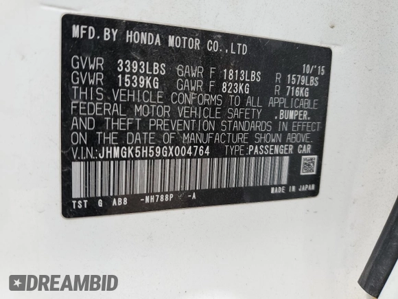 2016 Honda Fit LX with VIN JHMGK5H59GX004764, listed as a Copart auction lot 65131715 with 75,726 mi miles and Salvage title. Bid and sale history available at DreamBid. Image 12.
