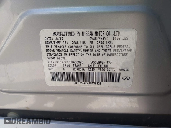 2018 Infiniti Q50 Luxe with VIN JN1EV7AR7JM438928, listed as a IAAI auction lot 42036766 with 125,149 mi miles and . Bid and sale history available at carsss.com. Image 9.