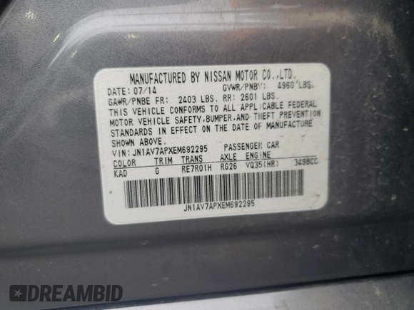 2014 Infiniti Q50 Hybrid Premium with VIN JN1AV7APXEM692295, listed as a Copart auction lot 54415395 with Not provided miles and Salvage title. Bid and sale history available at DreamBid. Image 12.