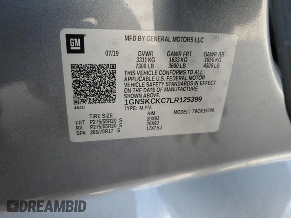 2020 Chevrolet Tahoe Premier with VIN 1GNSKCKC7LR125399, listed as a Copart auction lot 54702635 with 134,684 mi miles and Salvage title. Bid and sale history available at DreamBid. Image 12.