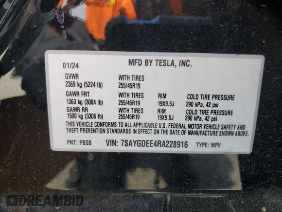 2024 Tesla Model Y Long Range with VIN 7SAYGDEE4RA228916, listed as a Copart auction lot 54921575 with 13,607 mi miles and Salvage title. Bid and sale history available at DreamBid. Image 13.