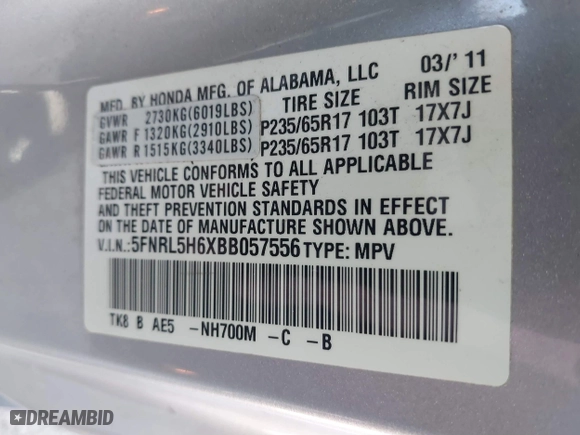 2011 Honda Odyssey EX-L with VIN 5FNRL5H6XBB057556, listed as a IAAI auction lot 41808620 with 154,449 mi miles. Bid and sale history available at carsss.com. Image 9.