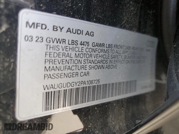 2023 Audi A3 Premium with VIN WAUGUDGY2PA108725, listed as a Copart auction lot 44036844 with 29 mi miles. Bid and sale history available at carsss.com. Image 13.