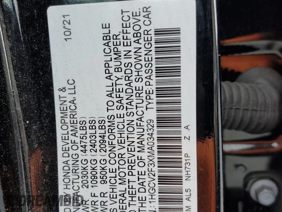 2021 Honda Accord Sport z VIN 1HGCV2F3XMA034329, wystawiony jako Copart lot #44753095 z przebiegiem Nie podano mil oraz Nie do naprawy • Non repairable. Historia ofert i sprzedaży dostępna na DreamBid. Obrazek 13.