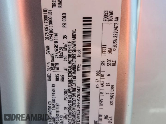 2015 Ford F-150 XLT z VIN 1FTEW1EF3FFA76342, wystawiony jako Copart lot #63738715 z przebiegiem 170 502 mil mil oraz Szkoda całkowita • Salvage title. Historia ofert i sprzedaży dostępna na DreamBid. Obrazek 12.