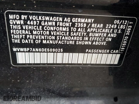 2013 Volkswagen CC Sport with VIN WVWBP7AN6DE509025, listed as a Copart auction lot 49746235 with 153,095 mi miles and Salvage Title. Bid and sale history available at carsss.com. Image 12.