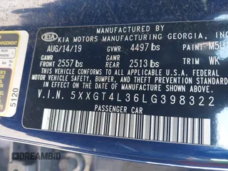 2020 Kia Optima LX with VIN 5XXGT4L36LG398322, listed as a IAAI auction lot 41744201 with 52,926 mi miles. Bid and sale history available at carsss.com. Image 9.