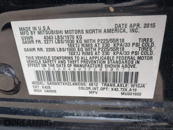 2015 Mitsubishi Outlander Sport 2.4 GT with VIN 4A4AR4AW3FE030571, listed as a IAAI auction lot 41970360 with 74,683 mi miles. Bid and sale history available at carsss.com. Image 9.