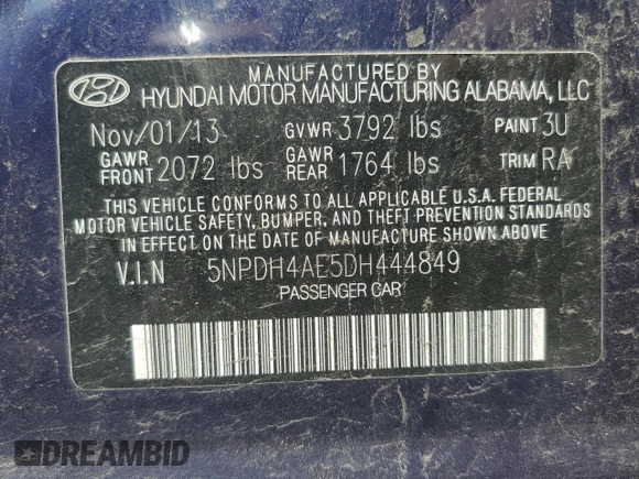 2013 Hyundai Elantra GLS with VIN 5NPDH4AE5DH444849, listed as a Copart auction lot 63580045 with 45,755 mi miles and Salvage title. Bid and sale history available at DreamBid. Image 12.
