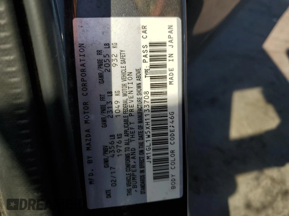2017 Mazda 6 Grand Touring with VIN JM1GL1W5XH1133708, listed as a Copart auction lot 49009255 with 115,259 mi miles and Salvage Title. Bid and sale history available at carsss.com. Image 12.