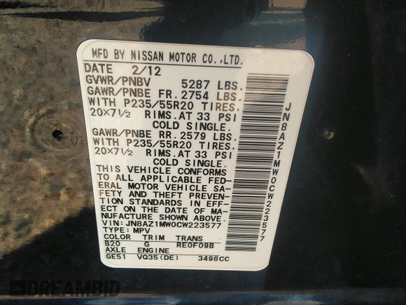 2012 Nissan Murano S with VIN JN8AZ1MW0CW223577, listed as a IAAI auction lot 41738370 with 152,515 mi miles and . Bid and sale history available at DreamBid. Image 9.