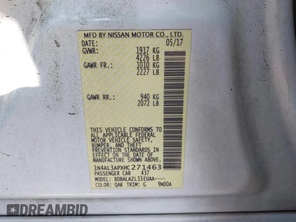 2017 Nissan Altima S with VIN 1N4AL3APXHC271463, listed as a IAAI auction lot 42254890 with 186,112 mi miles and . Bid and sale history available at DreamBid. Image 9.