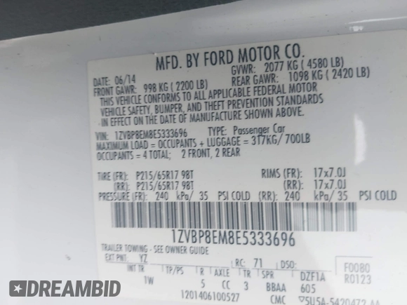 2014 Ford Mustang V6 with VIN 1ZVBP8EM8E5333696, listed as a IAAI auction lot 42042132 with 58,300 mi miles. Bid and sale history available at carsss.com. Image 9.