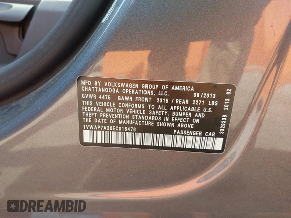 2014 Volkswagen Passat S with VIN 1VWAP7A30EC016476, listed as a IAAI auction lot 42066520 with 176,326 mi miles and . Bid and sale history available at DreamBid. Image 9.