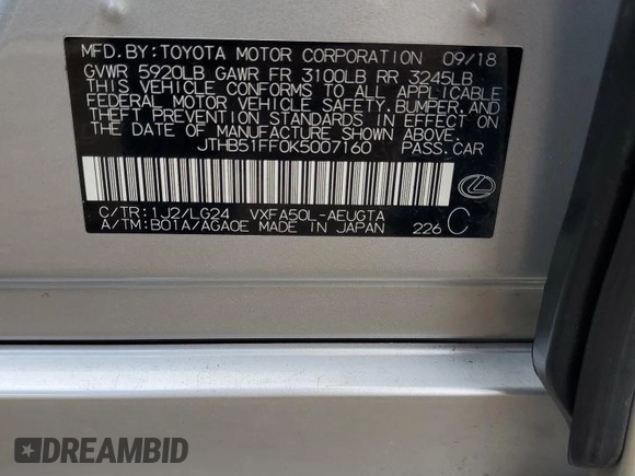 2019 Lexus LS 500 with VIN JTHB51FF0K5007160, listed as a Copart auction lot 42349845 with 65,047 mi miles and Salvage title. Bid and sale history available at DreamBid. Image 12.