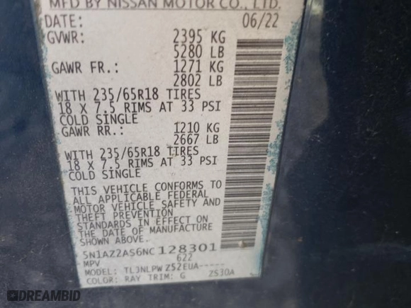 2022 Nissan Murano S with VIN 5N1AZ2AS6NC128301, listed as a Copart auction lot 78303914 with 35,669 mi miles and Salvage Title. Bid and sale history available at carsss.com. Image 15.