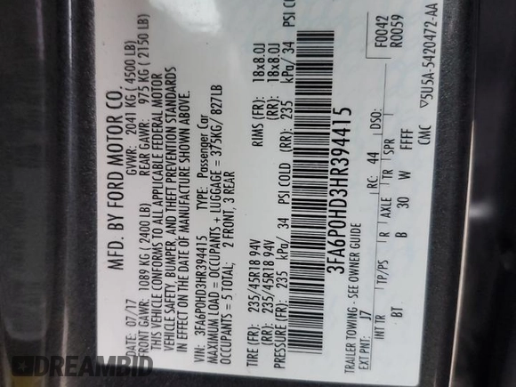 2017 Ford Fusion SE with VIN 3FA6P0HD3HR394415, listed as a Copart auction lot 49712895 with 96,066 mi miles and Salvage Title. Bid and sale history available at carsss.com. Image 12.