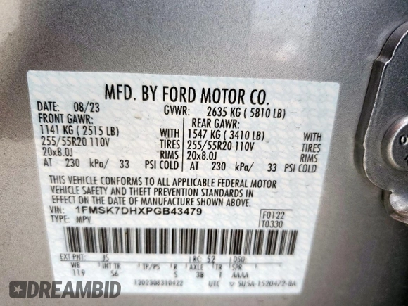 2023 Ford Explorer XLT с VIN 1FMSK7DHXPGB43479, выставлен на аукционе Copart как лот 56606365 с пробегом 10 270 миль миль и Чистый • Clean title. История ставок и продаж доступна на DreamBid. Изображение 13.