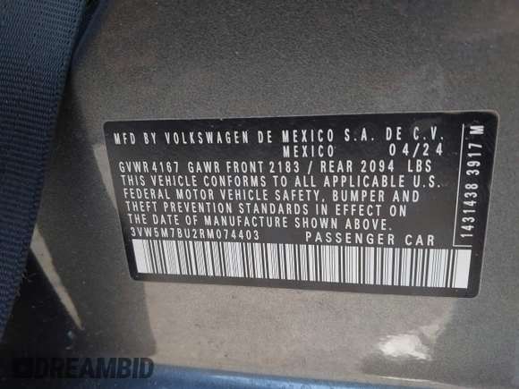 2024 Volkswagen Jetta S with VIN 3VW5M7BU2RM074403, listed as a IAAI auction lot 42215635 with 2,483 mi miles and . Bid and sale history available at DreamBid. Image 9.