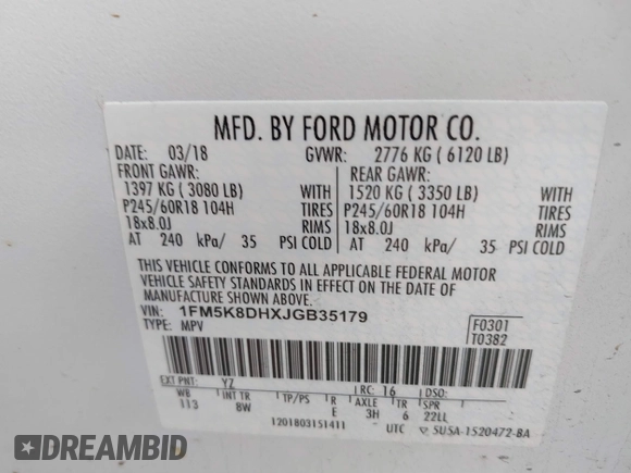 2018 Ford Explorer XLT with VIN 1FM5K8DHXJGB35179, listed as a IAAI auction lot 41469559 with 118,868 mi miles and . Bid and sale history available at DreamBid. Image 9.