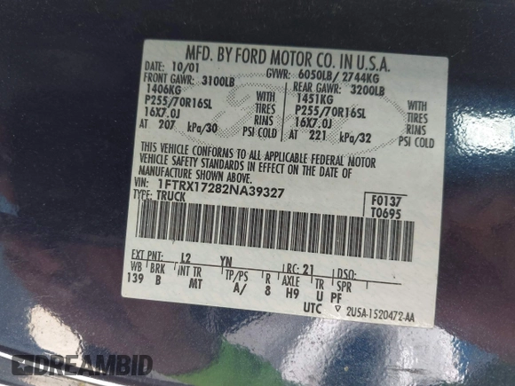 2002 Ford F-150 XL with VIN 1FTRX17282NA39327, listed as a IAAI auction lot 42343066 with Not provided miles and . Bid and sale history available at DreamBid. Image 9.