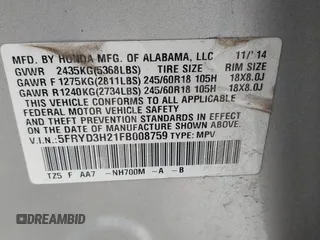 2015 Acura MDX with VIN 5FRYD3H21FB008759, listed as a IAAI auction lot 41277056 with 121,771 mi miles and . Bid and sale history available at DreamBid. Image 9.