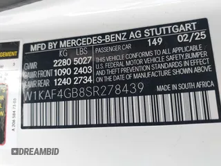 2025 Mercedes-Benz C 300 with VIN W1KAF4GB8SR278439, listed as a IAAI auction lot 42477822 with 566 mi miles and . Bid and sale history available at DreamBid. Image 9.