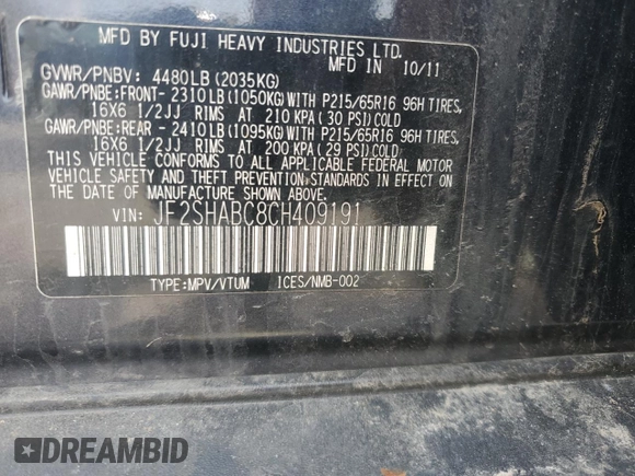 2012 Subaru Forester X with VIN JF2SHABC8CH409191, listed as a Copart auction lot 54823995 with Not Provided miles and Salvage Title. Bid and sale history available at DreamBid. Image 13.