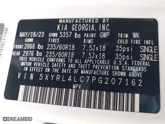 2023 Kia Sorento S with VIN 5XYRL4LC7PG207162, listed as a IAAI auction lot 41545030 with NaN miles. Bid and sale history available at carsss.com. Image 9.