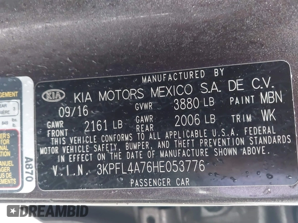 2017 Kia Forte LX with VIN 3KPFL4A76HE053776, listed as a IAAI auction lot 41577083 with 101,906 mi miles and . Bid and sale history available at carsss.com. Image 9.