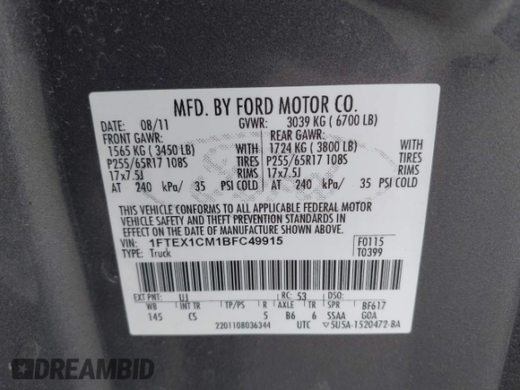 2011 Ford F-150 XL with VIN 1FTEX1CM1BFC49915, listed as a IAAI auction lot 39541134 with 176,854 mi miles and . Bid and sale history available at DreamBid. Image 9.