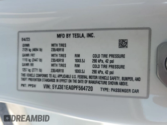 2023 Tesla Model 3 с VIN 5YJ3E1EA0PF564720, выставлен на аукционе Copart как лот 62594315 с пробегом 19 429 миль миль и Списание • Salvage title. История ставок и продаж доступна на DreamBid. Изображение 12.