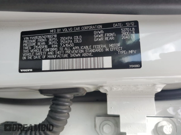 2013 Volvo XC70 3.2L with VIN YV4952BZ4D1160718, listed as a Copart auction lot 52812724 with 131,803 mi miles and Salvage Title. Bid and sale history available at DreamBid. Image 14.