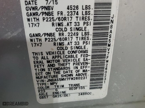 2015 Nissan Rogue Select S with VIN JN8AS5MV7FW260231, listed as a Copart auction lot 51012055 with 138,582 mi miles and Clean Title. Bid and sale history available at carsss.com. Image 13.
