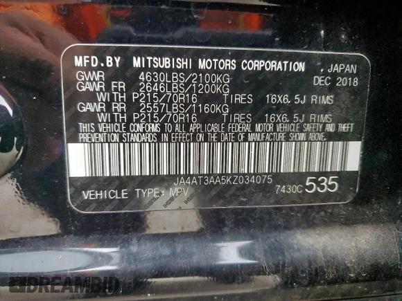 2019 Mitsubishi Eclipse Cross ES with VIN JA4AT3AA5KZ034075, listed as a Copart auction lot 52175365 with 83,304 mi miles and Salvage title. Bid and sale history available at DreamBid. Image 14.