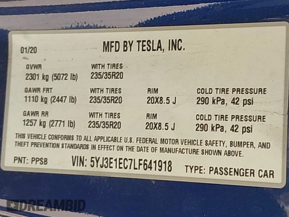 2020 Tesla Model 3 Performance z VIN 5YJ3E1EC7LF641918, wystawiony jako IAAI lot #41984261 z przebiegiem 50 202 mil mil oraz . Historia ofert i sprzedaży dostępna na DreamBid. Obrazek 9.