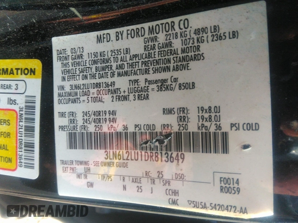 2013 Lincoln MKZ Hybrid с VIN 3LN6L2LU1DR813649, выставлен на аукционе IAAI как лот 42887168 с пробегом 245 475 миль миль и . История ставок и продаж доступна на DreamBid. Изображение 9.