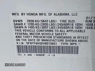 2017 Honda Pilot EX-L with VIN 5FNYF6H52HB015651, listed as a IAAI auction lot 41538814 with 121,433 mi miles and . Bid and sale history available at DreamBid. Image 9.