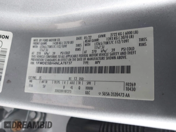 2022 Ford Bronco with VIN 1FMDE5BH4NLA78737, listed as a IAAI auction lot 42297569 with 23,504 mi miles and . Bid and sale history available at DreamBid. Image 9.