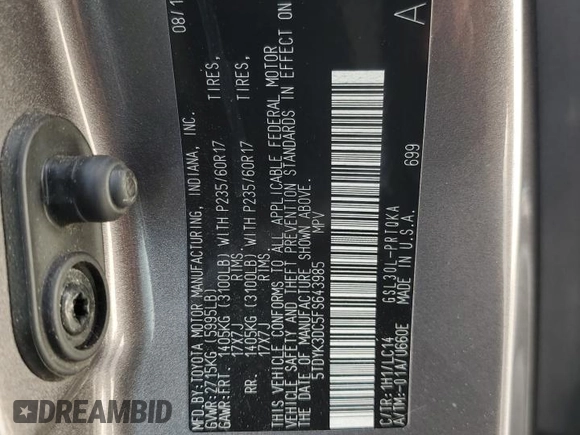2015 Toyota Sienna XLE with VIN 5TDYK3DC5FS643985, listed as a Copart auction lot 56956505 with 179,131 mi miles and Salvage title. Bid and sale history available at DreamBid. Image 13.