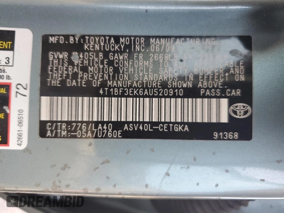 2010 Toyota Camry z VIN 4T1BF3EK6AU520910, wystawiony jako Copart lot #55771985 z przebiegiem 157 920 mil mil oraz Szkoda całkowita • Salvage title. Historia ofert i sprzedaży dostępna na DreamBid. Obrazek 12.