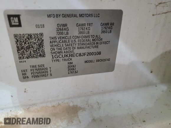 2018 Chevrolet Silverado 1500 LT with VIN 1GCUKREC8JF200108, listed as a Copart auction lot 44582405 with 126,169 mi miles and Salvage Title. Bid and sale history available at DreamBid. Image 12.