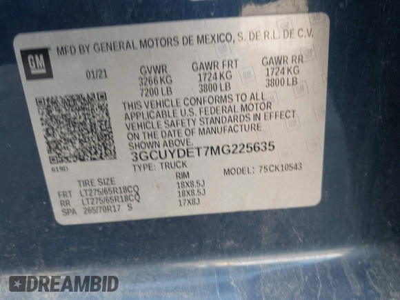 2021 Chevrolet Silverado 1500 LT with VIN 3GCUYDET7MG225635, listed as a IAAI auction lot 41907665 with 84,998 mi miles. Bid and sale history available at carsss.com. Image 9.