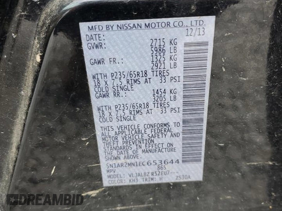 2014 Nissan Pathfinder Platinum z VIN 5N1AR2MN1EC653644, wystawiony jako Copart lot #59390615 z przebiegiem 138 016 mil mil oraz Czysty tytuł • Clean title. Historia ofert i sprzedaży dostępna na DreamBid. Obrazek 13.