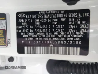 2013 Kia Sorento LX with VIN 5XYKT3A69DG370190, listed as a IAAI auction lot 42456161 with 170,196 mi miles and . Bid and sale history available at DreamBid. Image 9.