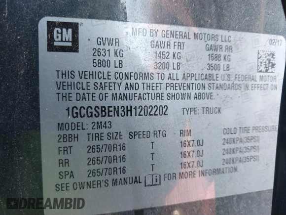 2017 Chevrolet Colorado 2WD WT with VIN 1GCGSBEN3H1202202, listed as a IAAI auction lot 41295291 with 21,097 mi miles and . Bid and sale history available at DreamBid. Image 9.